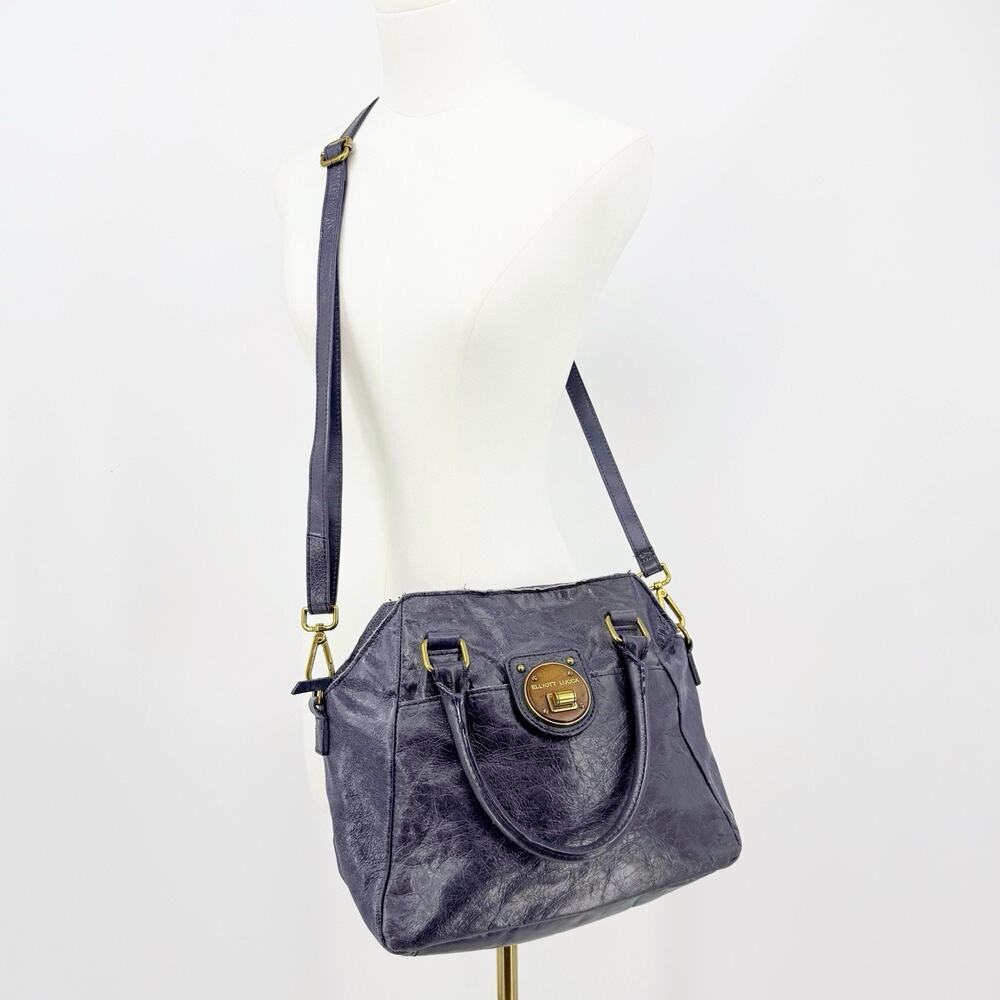Elliott Lucca Navy Blue Leather Satchel Crossbody Shoulder Bag Gold Hardware